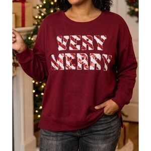 Sable Sky Women's Sweater Pullover Logo Very Merry Plus Size 2X Red Vino NWT